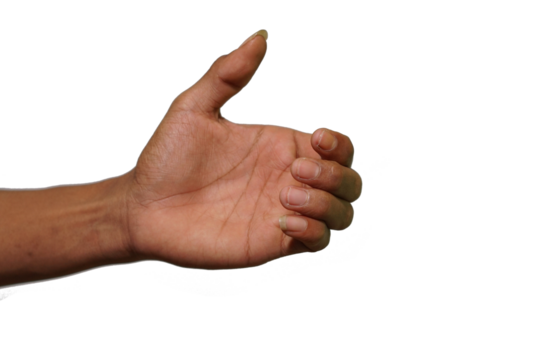 An asian man's hand is holding something like a bottle on a white background