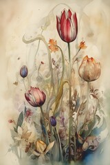 Generative AI images , tulips flower in oil painting canvas, art of flowers.