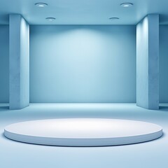 A podium of an interesting shape stands against a light blue wall, beautifully illuminated by backlighting. It serves as a trendy background for presentations. Made with Generative AI technology