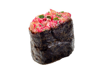 Gunkan maki topped with tobiko, sauce and pink seafood hat