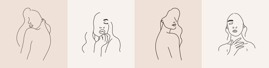 Set of woman face portraits line art sketch. One black line art female heads. Vector illustration in outline simple style