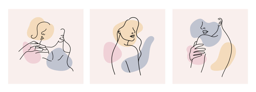 Set of abstract modern woman face portraits line art people sketch. One black continuous line art beauty female heads. Vector illustration in outline simple minimalist style