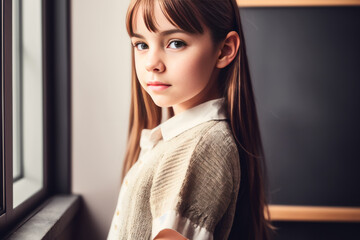 Digital portrait of cute little school girl in front of the blackboard, wearing in school uniform. Back to School concept. Generative AI
