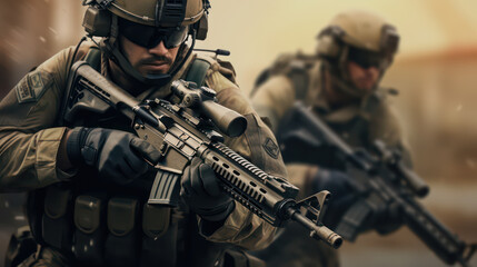 Fototapeta na wymiar Special Forces Sniper Aiming Rifle in Battle AI Generative