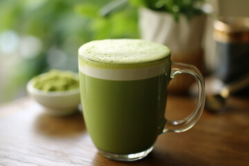 Green matcha tea drink on tray, AI Generated