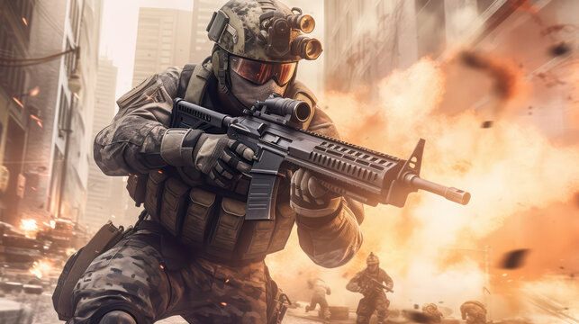 Soldier in Camouflage and Mask with HK 416 Carbine AI Generative