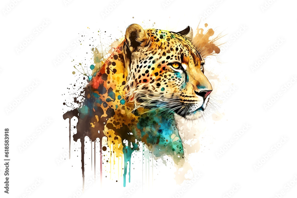 Poster leopard is drawn with multi-colored watercolors isolated on a white background. generated by ai