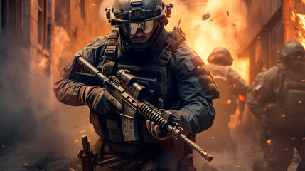 Special Forces Soldier with Rifle and Gas Mask with fire in Background AI Generative