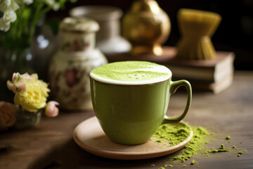 Obraz na płótnie Canvas Green matcha tea drink on tray, AI Generated