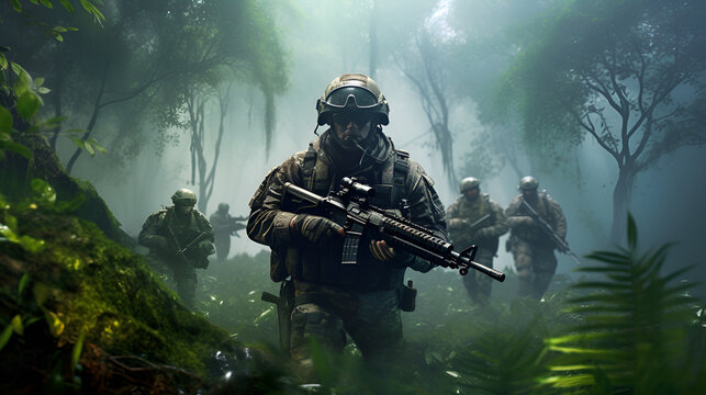 War Art Spetsnaz Soldier with Fire and Nature in Early Morning . survival, raid, game illustration AI Generative