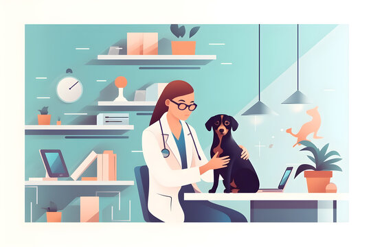  Flat vector illustration happy doctor with dog at vet clini 