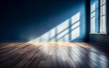 Fototapeta na wymiar An empty blue wall and a wooden floor with captivating light glare create an intriguing interior background for presentations. Made with Generative AI technology