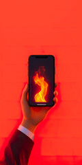 Hand holding a mobile phone on fire. 
Social networks.