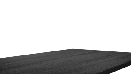 dark black wooden table corner at  foreground used as product displayed isolated on background with clipping path. perspective view of black wooden table showing edge of table.