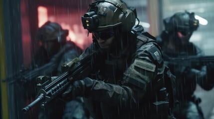 Fototapeta na wymiar Mercenary Combatant in Tactical Military Outfit AI Generative
