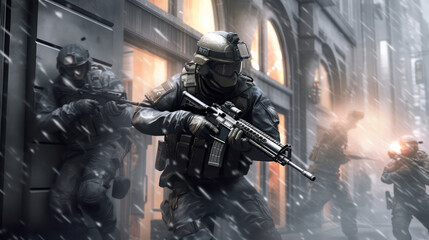 Military and Counterterrorist in Raid and Fire with HK 416 AI Generative - obrazy, fototapety, plakaty