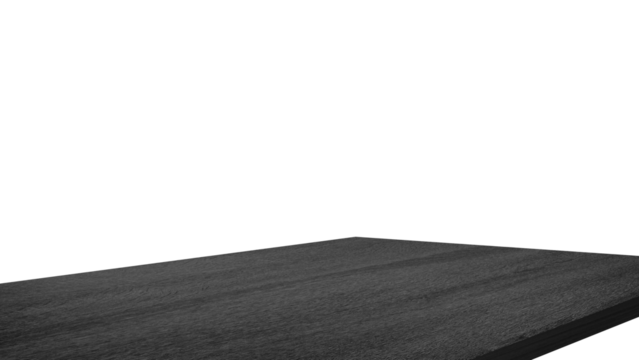 dark black wooden table corner at  foreground used as product displayed isolated on background with clipping path. perspective view of black wooden table showing edge of table.