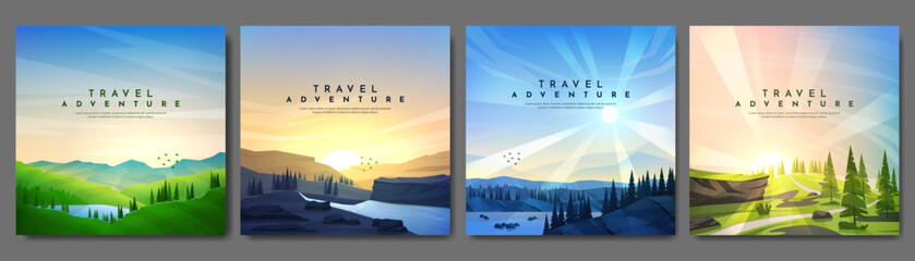 Vector illustration. Set of mountain outdoor landscapes. Colorful geometric flat style. Meadow hills, evening sunset, blue day scene, forest. Design for web banner, blog post, social media template.