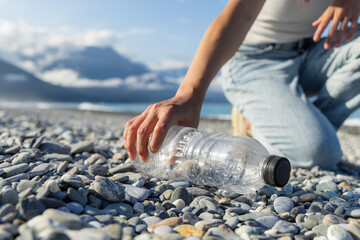Woman hand picking up plastic bottle cleaning on the beach - obrazy, fototapety, plakaty