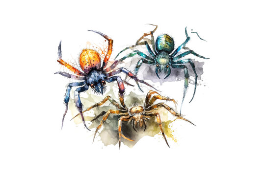 spiders drawn with multi-colored watercolors isolated on a white background. AI generated