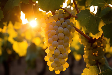 Grappe de raisin blanc avant la récolte avec rayon de soleil dans les vignes