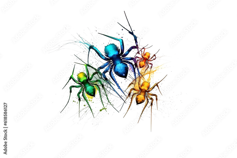 Poster spiders are drawn with multi-colored watercolors isolated on a white background. generated by ai