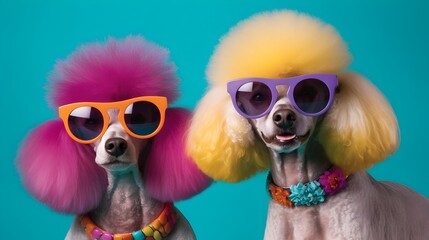 Two adorable poodles wearing sunglasses with vibrant colored frames and yellow, pink hair, adorned with vintage accessories, studio shot. AI generative image