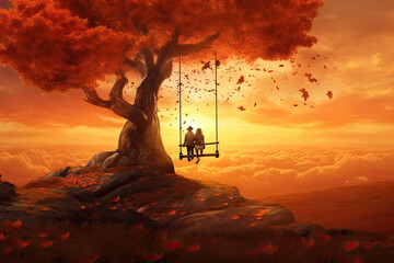 couple in love on a swing with an autumn landscape