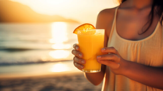 Orange juice on the beach. Fruit juice in the hands of a girl.
Glass of fresh orange juice. Cocktail on the background of the blue sea. Vacation, holiday, summer, fun concept. Generative AI.

