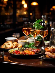 Photo sur Plexiglas Manger Elegant and select restaurant table Tapas and appetizers, assorted canapés on the bar table Soft light and romantic atmosphere food 