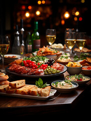 Fototapeta na wymiar Elegant and select restaurant table Tapas and appetizers, assorted canapés on the bar table Soft light and romantic atmosphere food 