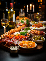 Elegant and select restaurant table Tapas and appetizers, assorted canapés on the bar table Soft light and romantic atmosphere dinner food 
