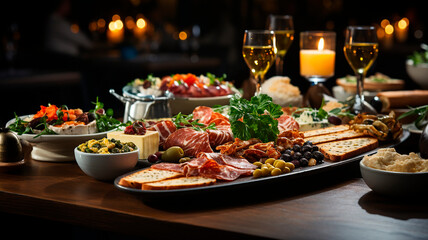 Elegant and select restaurant table Tapas and appetizers, assorted canapés on the bar table Soft...