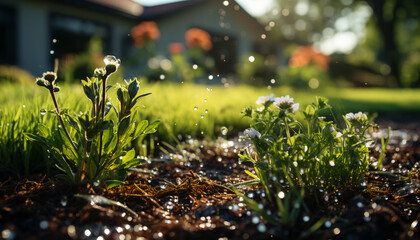 Garden sprinkler with water sprinkling on the grass and flowers