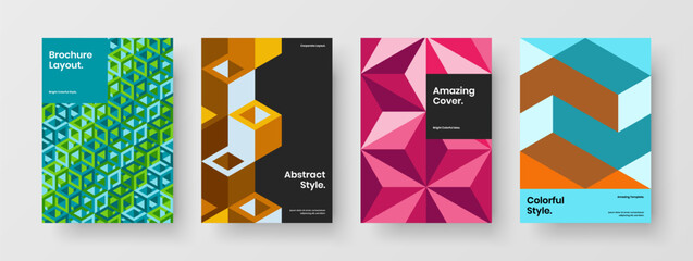 Fototapeta premium Modern annual report A4 vector design template composition. Multicolored geometric tiles pamphlet layout bundle.