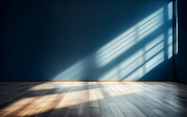Obraz na płótnie Canvas An empty blue wall and a wooden floor with captivating light glare create an intriguing interior background for presentations. Made with Generative AI technology
