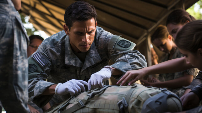 A military medical officer instructing soldiers on basic first aid and emergency medical techniques Generative AI
