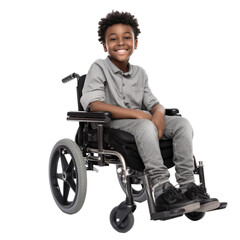 Black happy child in wheelchair looking at camera isolated on transparent background. PNG file, generative ai image.