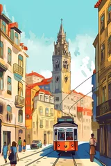Foto op Canvas Illustration of a portuguese city with a tram, Portugal © Aleh Varanishcha