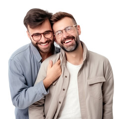 Couple of happy gay men hugging each other and laughing isolated on transparent background. Gay or LGBT pride concept. PNG file, generative ai image.