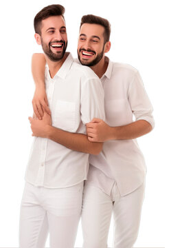 Couple of happy gay men hugging each other and laughing isolated on transparent background. Gay or LGBT pride concept. PNG file, generative ai image.