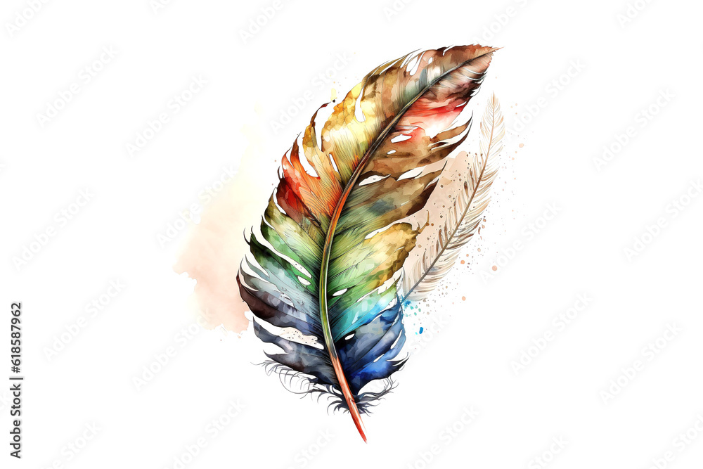 Poster bird feather drawn with multicolored watercolors isolated on white background. generated by ai