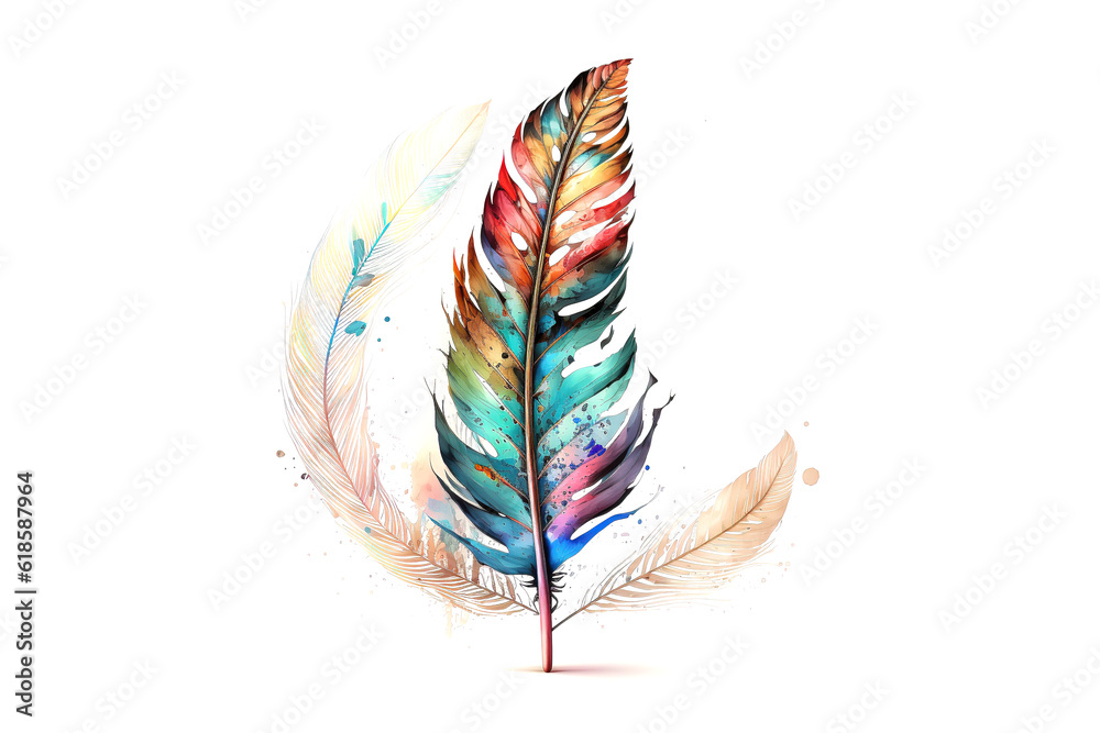 Poster bird feather drawn with multicolored watercolors isolated on white background. generated by ai