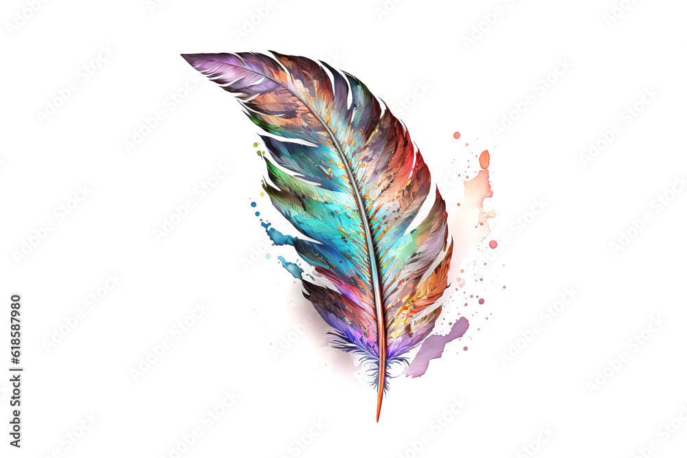Poster bird feather drawn with multicolored watercolors isolated on white background. generated by ai