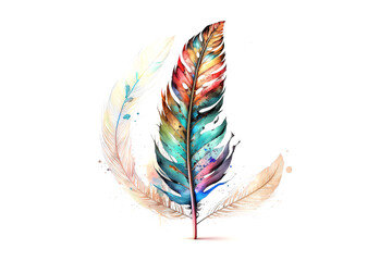 bird feather drawn with multicolored watercolors isolated on white background. Generated by AI