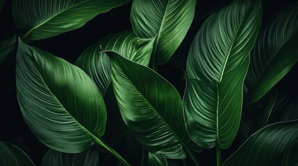Close-up Serenity, Dark Tone Background of Spathiphyllum Cannifolium Leaves in the Garden, Embodying the Essence of Tropical Nature, generative ai.