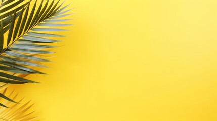 Inviting Summer Aura, Aesthetic Tropical Palm Leaves Composing a Minimalist Backdrop on Yellow, Copy Space Available, generative ai.