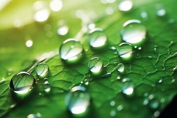 An illustration of beautiful large morning dew drops in nature, with selective focus. Clean, transparent water droplets glisten on leaves. Made with Generative AI technology
