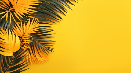 Fototapeta na wymiar Inviting Summer Aura, Aesthetic Tropical Palm Leaves Composing a Minimalist Backdrop on Yellow, Copy Space Available, generative ai.