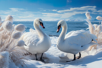 Obraz premium Two white swans are standing in the snow by the water. Generative AI.